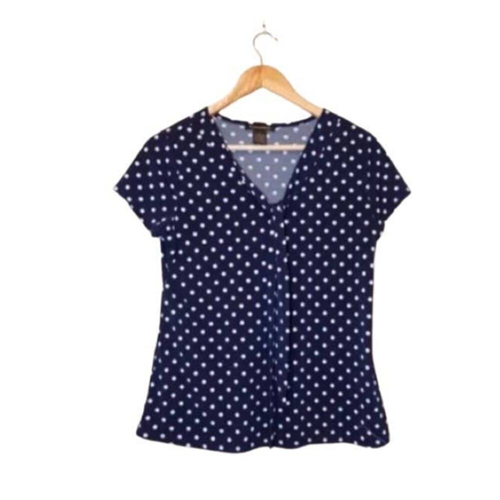 Susan Lawrence short sleeve blouse with front bow and polka dots, color navy.
